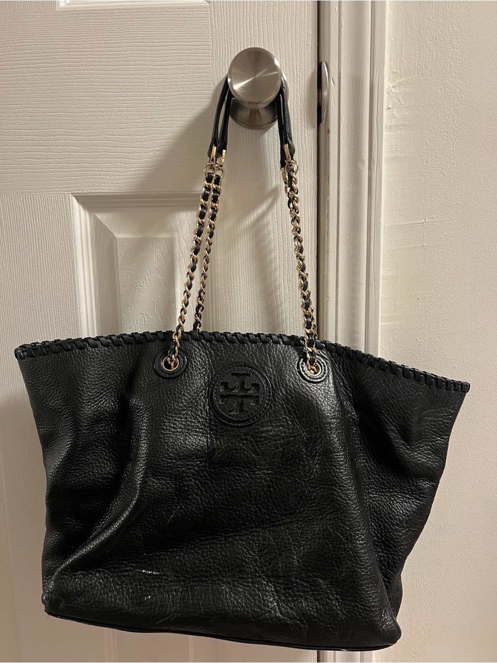 Tory Burch Black Leather Tote with Gold Chain-Strap